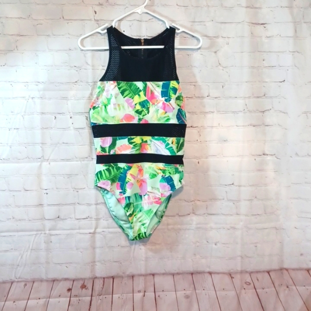 Miracle Brands Beach Betty  Tropical Multi Color  Mesh Swimsuit M NWT